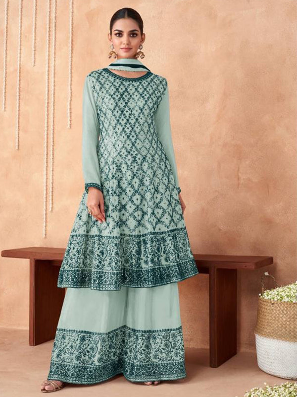 Mint Green Georgette Embroidery Sequins Anarkali With Dupatta Set