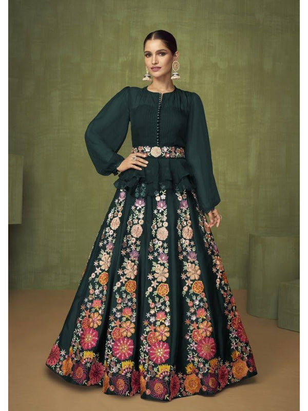 Bottel Green Georgette Embroidery Anarkali With Dupatta Set