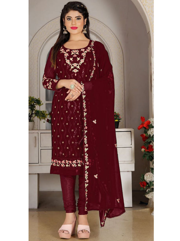 Blood Red Georgette Embroidery Anarkali With Dupatta Set