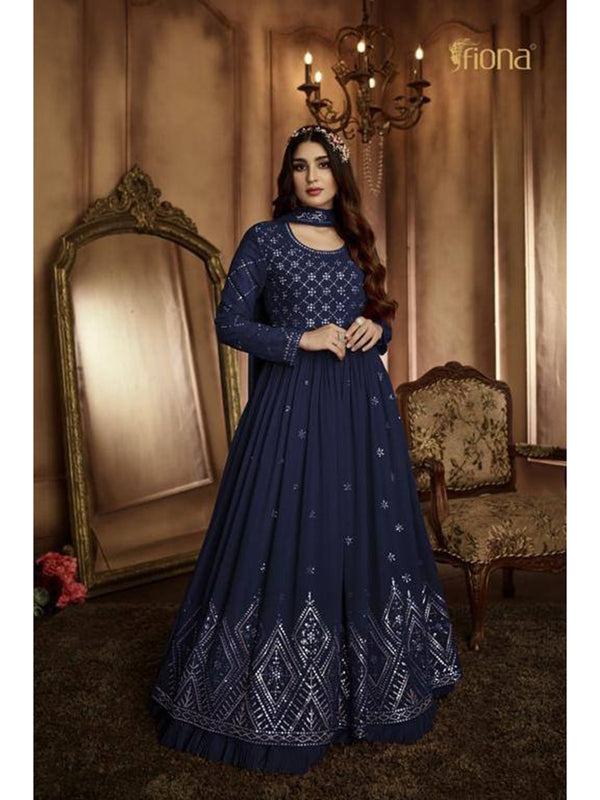 Blue Georgette Embroidery Anarkali With Dupatta Set