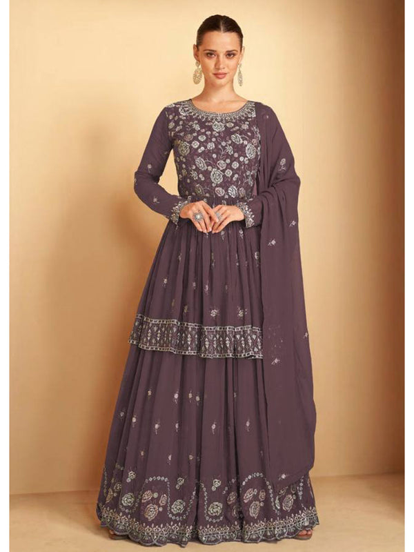 Deep Purple Georgette Embroidery Anarkali With Dupatta Set