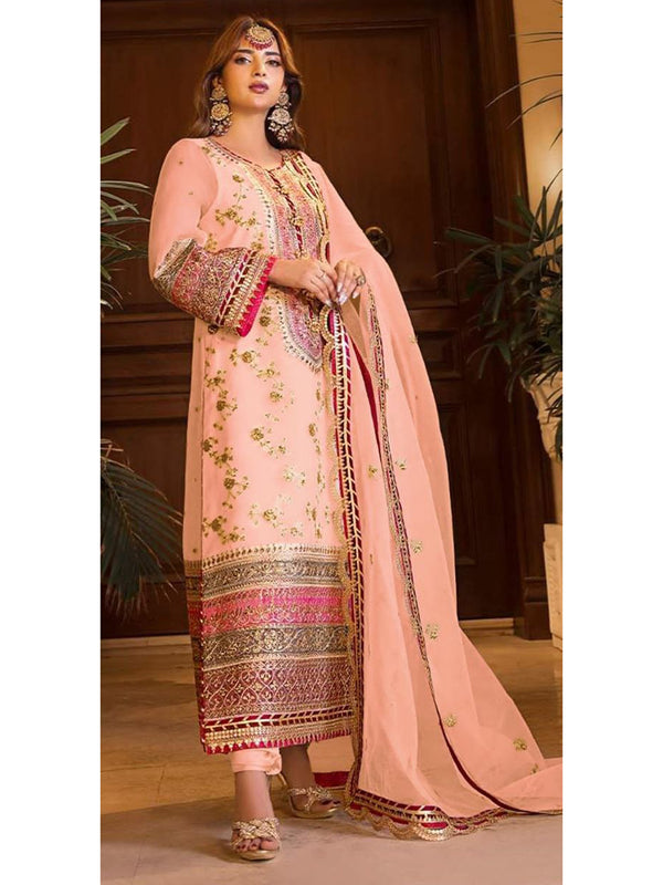 Peach Organza Embroidery Anarkali With Dupatta Set