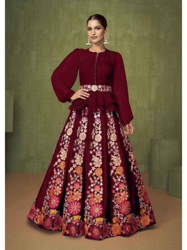 Maroon Georgette Embroidery Anarkali With Dupatta Set