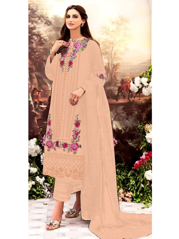 Peach Georgette Embroidery Anarkali With Dupatta Set