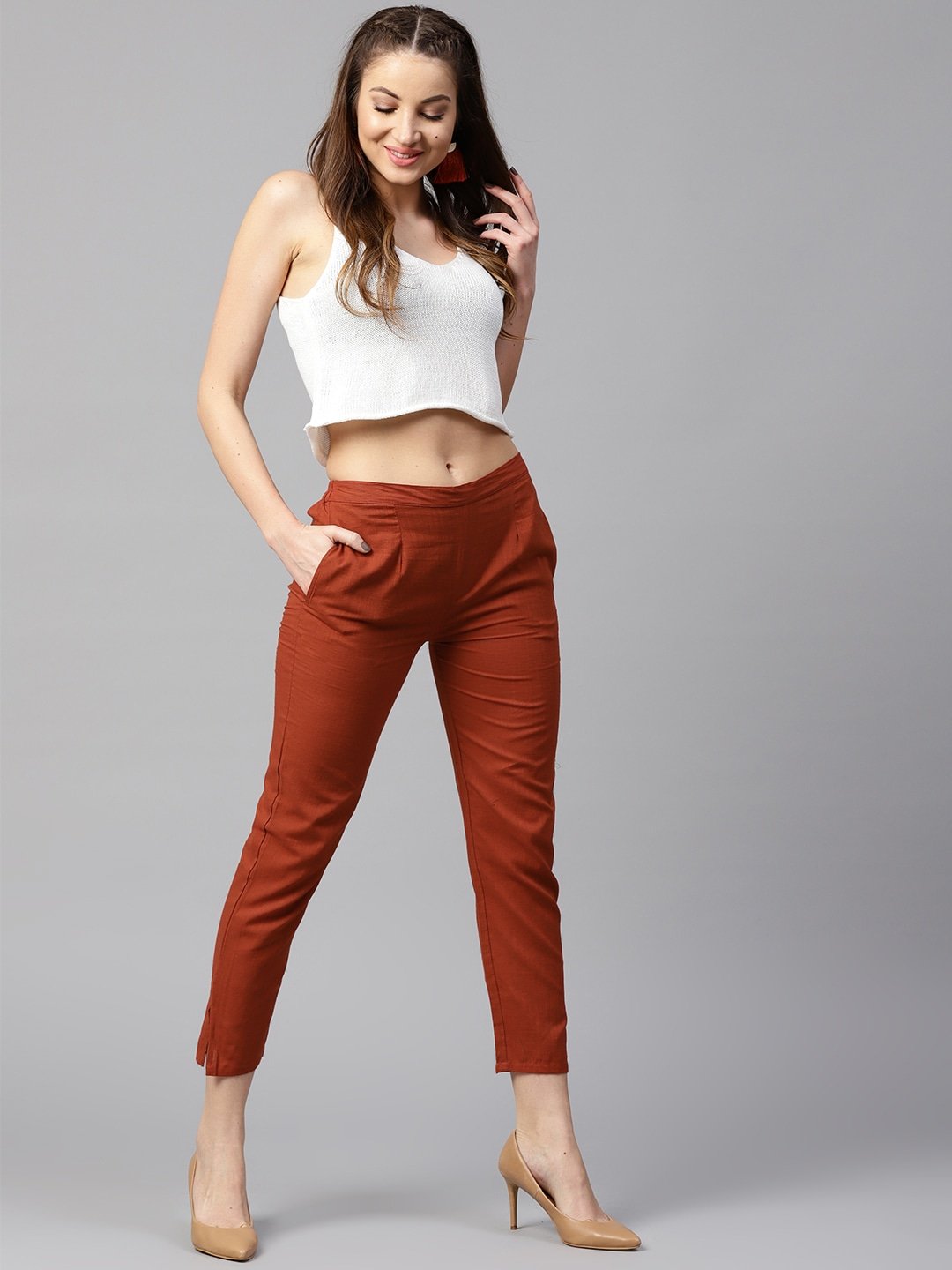 Women's Red Solid Trousers - Yufta