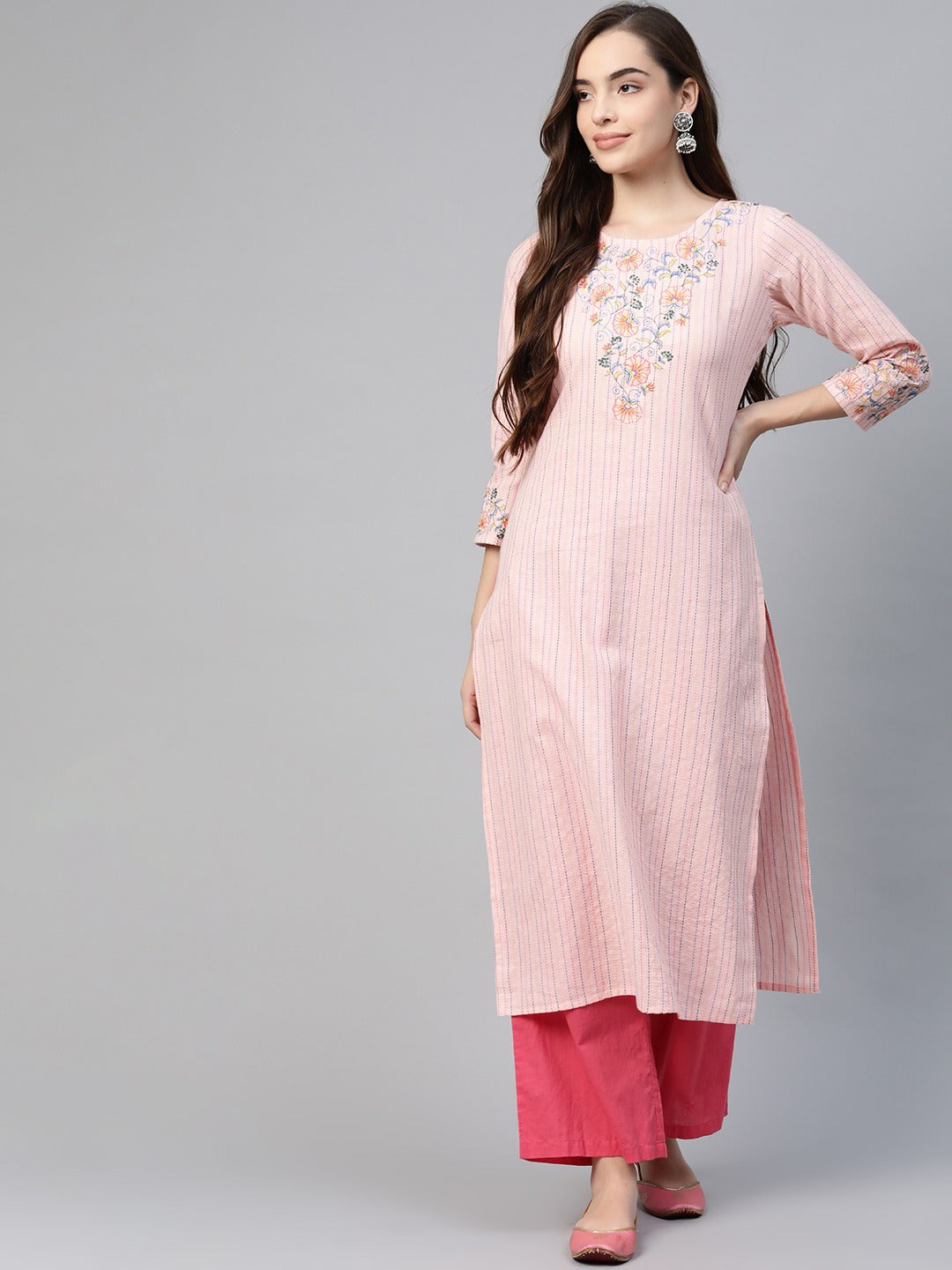 Women's Pink Striped Thread Work Straight Kurta - Yufta