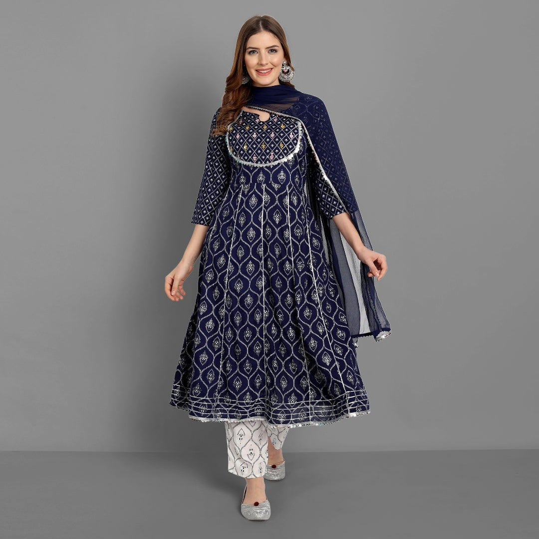 Women's Rayon Printed Embroidered Anarkali Kurta And Pant With Chiffon Dupatta Set - Singni