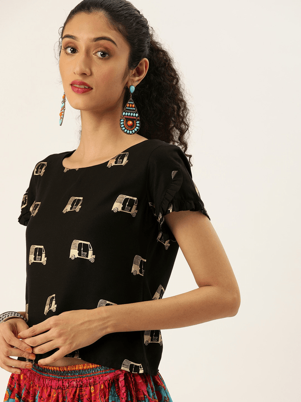 Women's Black & Gold-Coloured Printed Regular Cropped Top - Varanga