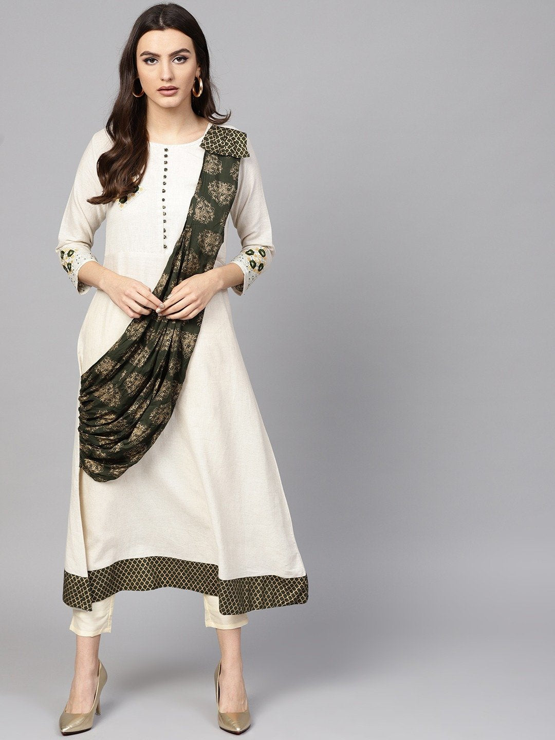 Women's Off-White & Green A-Line Kurta - Yufta