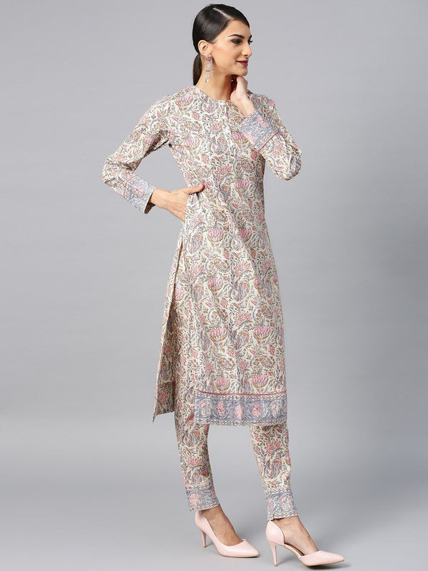 Women's  Cream-Coloured & Pink Printed Kurta with Trousers - AKS