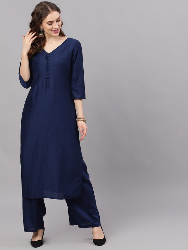 Women's  Navy Blue Woven Design Kurta with Palazzos - AKS