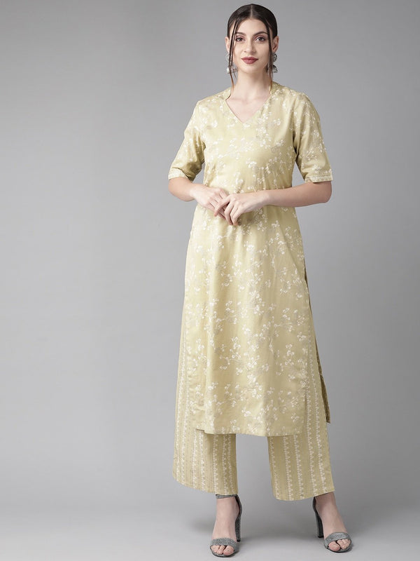 Women's  Beige & White Printed Kurta with Palazzos - AKS