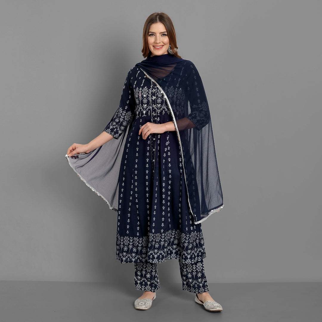 Women's Rayon Printed Embroidered Anarkali Kurta And Pant With Chiffon Dupatta Set - Singni