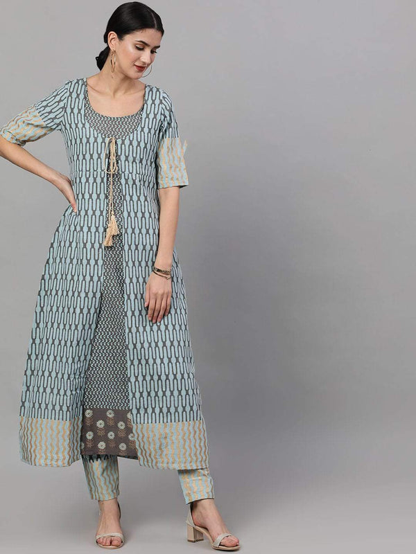 Women's  Grey & Blue Printed Kurta with Trousers - AKS