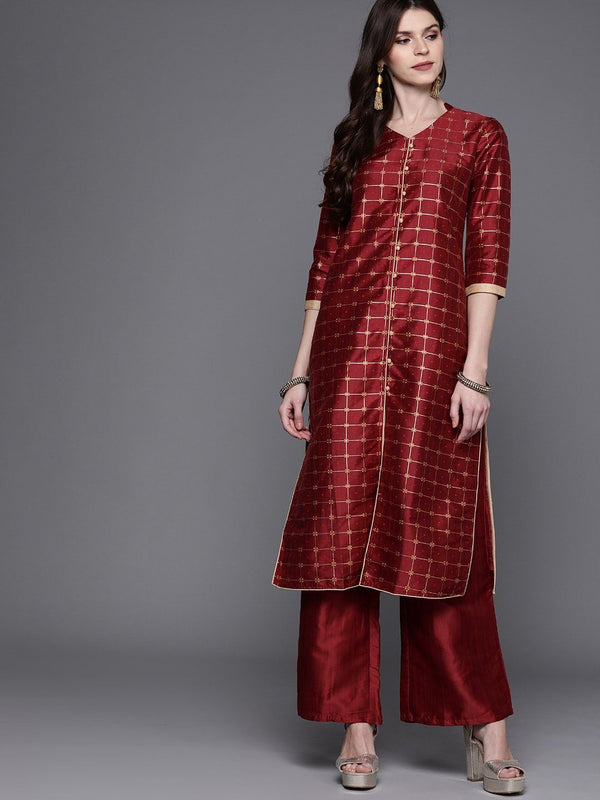 Women's  Maroon & Golden Checked Kurta with Palazzos - AKS