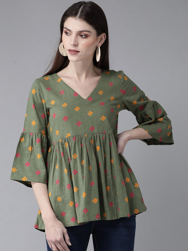 Women's Olive Green & Mustard Yellow Printed Tunic - AKS