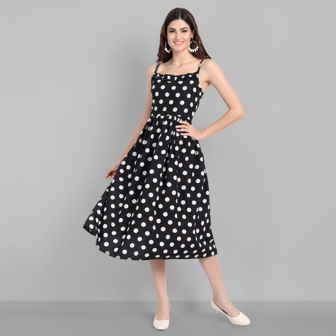 Women's Crepe Printed Black Flared Dress - Singni