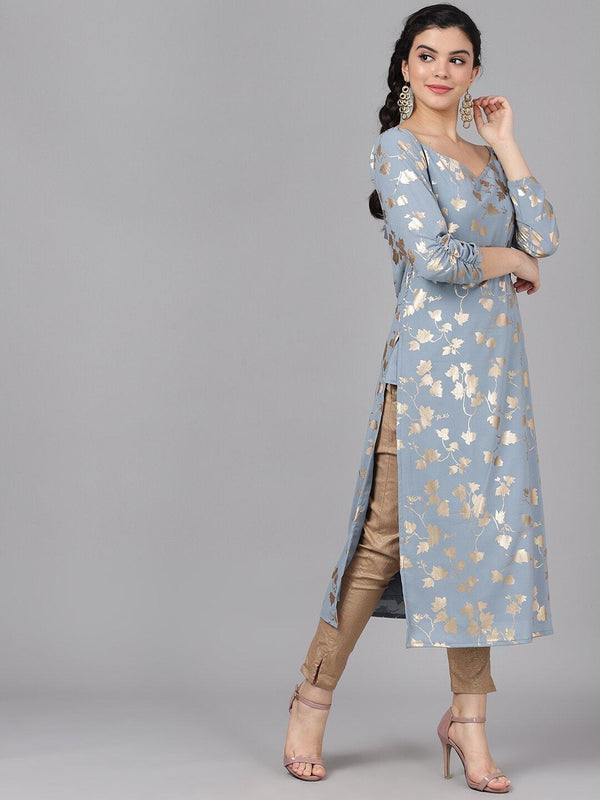 Women's  Grey & Gold-Toned Foil Printed Straight Kurta - AKS