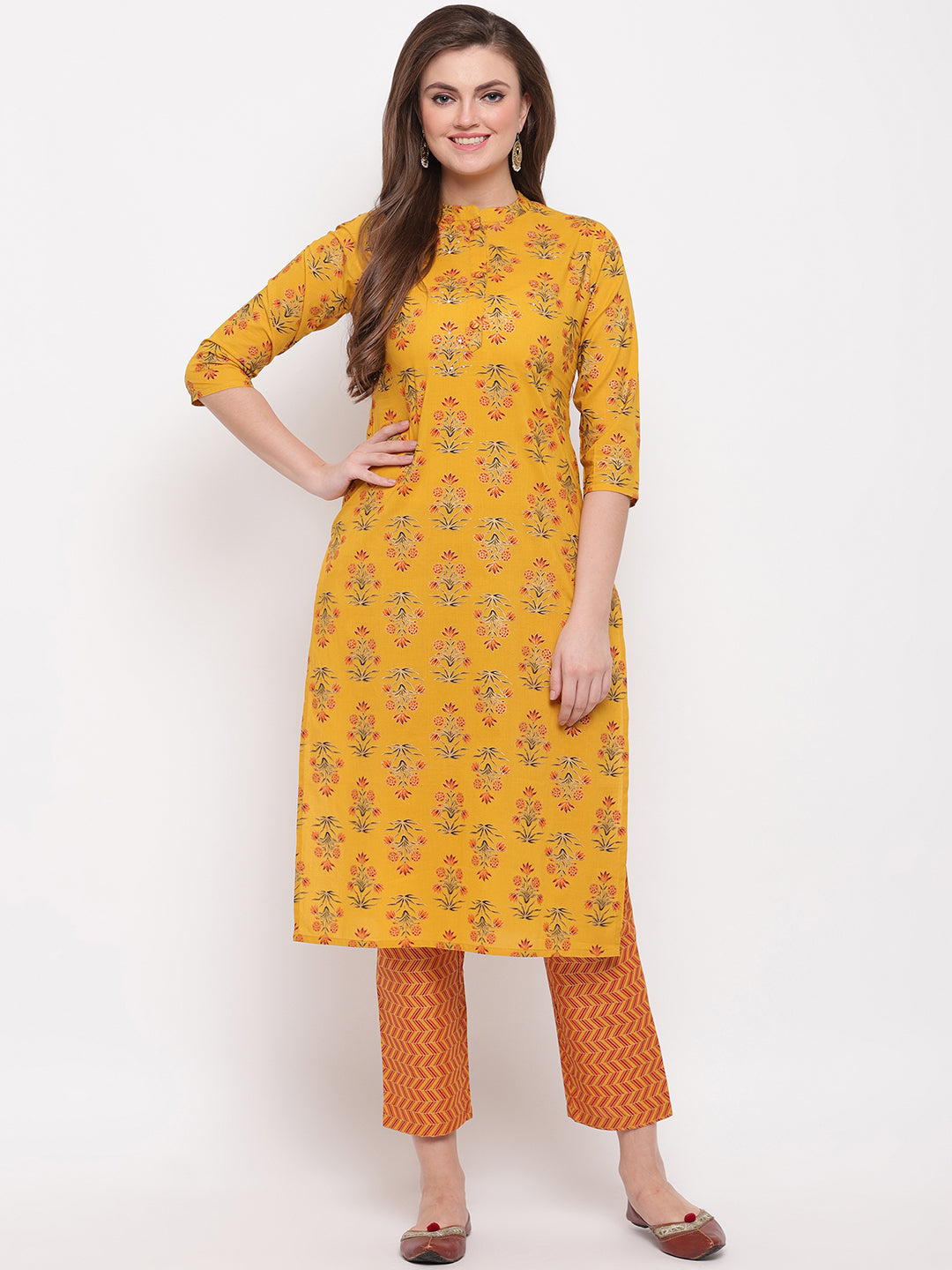 Women's Foil Print & Hand Work Straight Cotton Yellow Kurti With Palazzo - Vbuyz