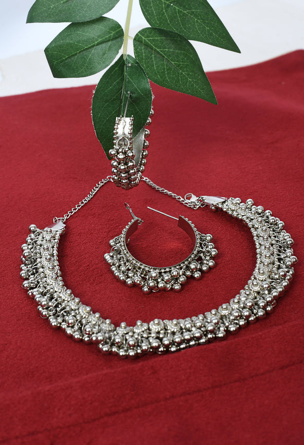 Indiakreations Silver-Plated Choker Necklace with Earrings Jkms_093