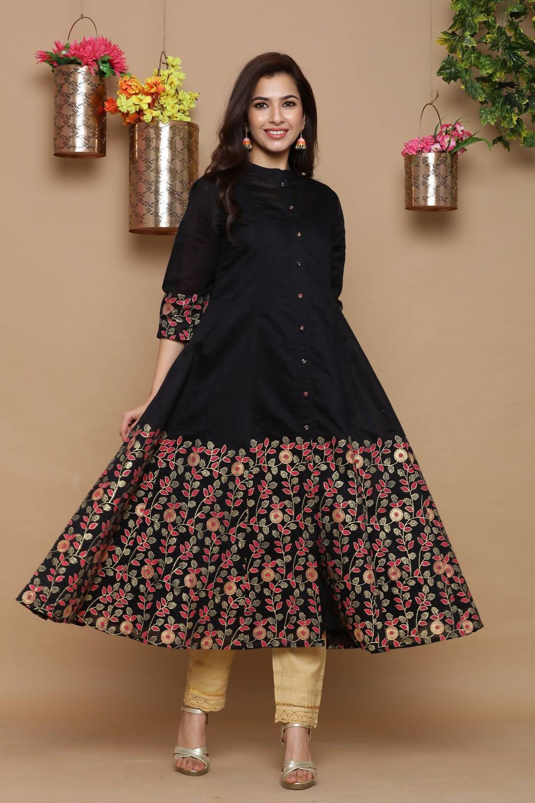 Women's Black Chanderi Flared 2 Piece Kurta - Juniper