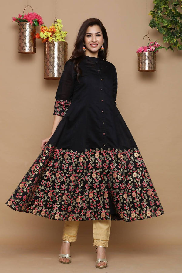 Buy_Women's_Black_Chanderi_Flared_2_Piece_Kurta_Online_Indiakreations