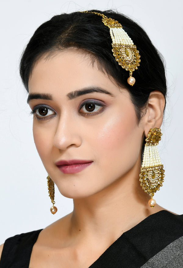 Kamal Johar Golden Kundan & Pearls Earrings with Tikka Jker_107