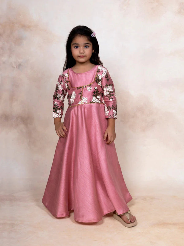 Pink Poly Silk Solid Girls Dress with Printed Jacket