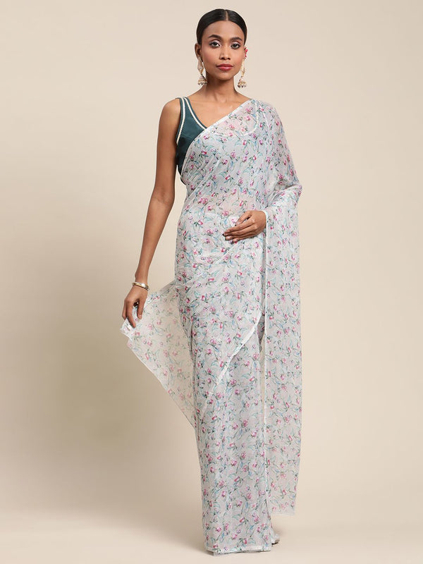 Grey Chiffon Digital Print Floral Saree