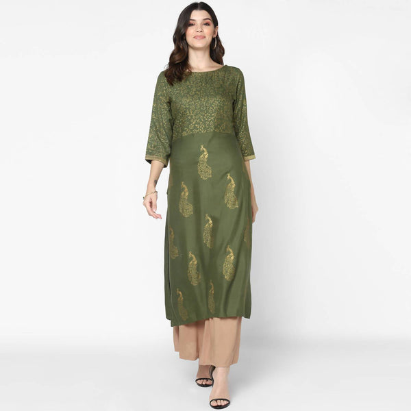 Women's Olive Green & Skin Color 100% Cotton Hand Block Print Straight Kurta With Palazzo Set - Cheera