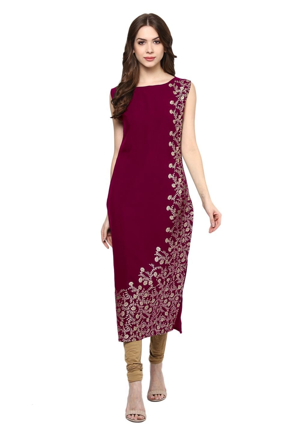 Women's Pink Colour Foil Print Straight Crepe Kurta - Ziyaa