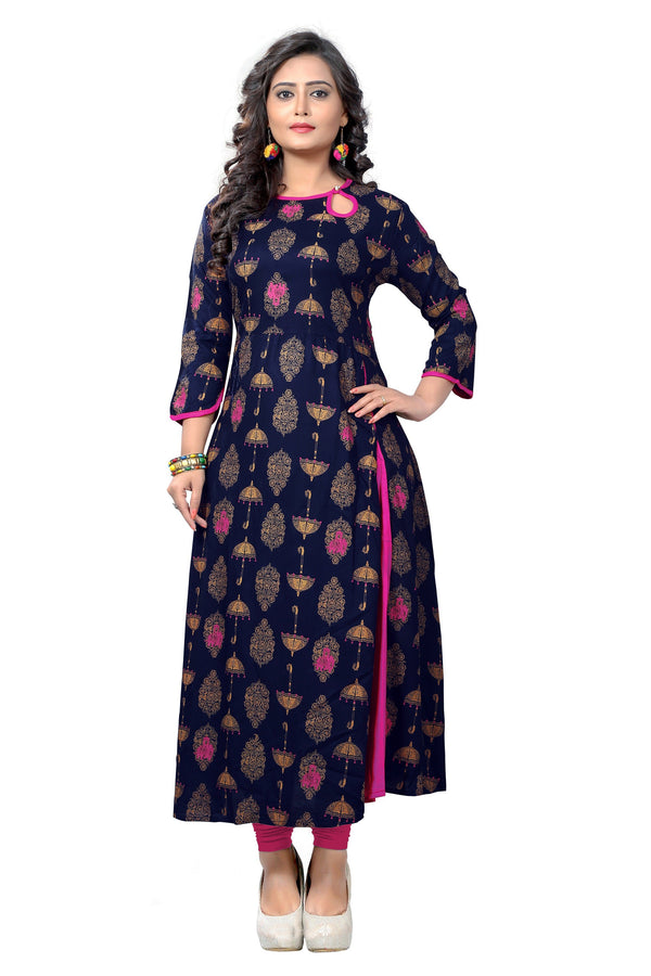 Women's Blue Color Rayon A-Line Kurta Only  - Vbuyz