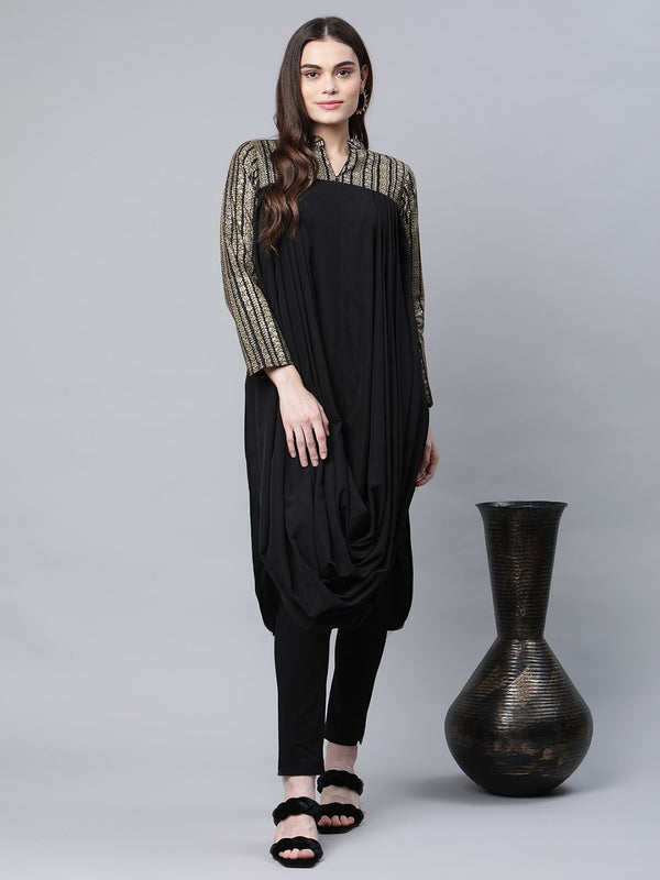 Black & Gold Print Cowl Style Kurta