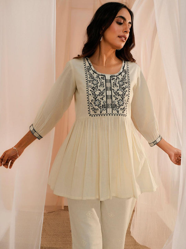 Off White Yoke Design Cotton A-Line Kurti - Jashvi