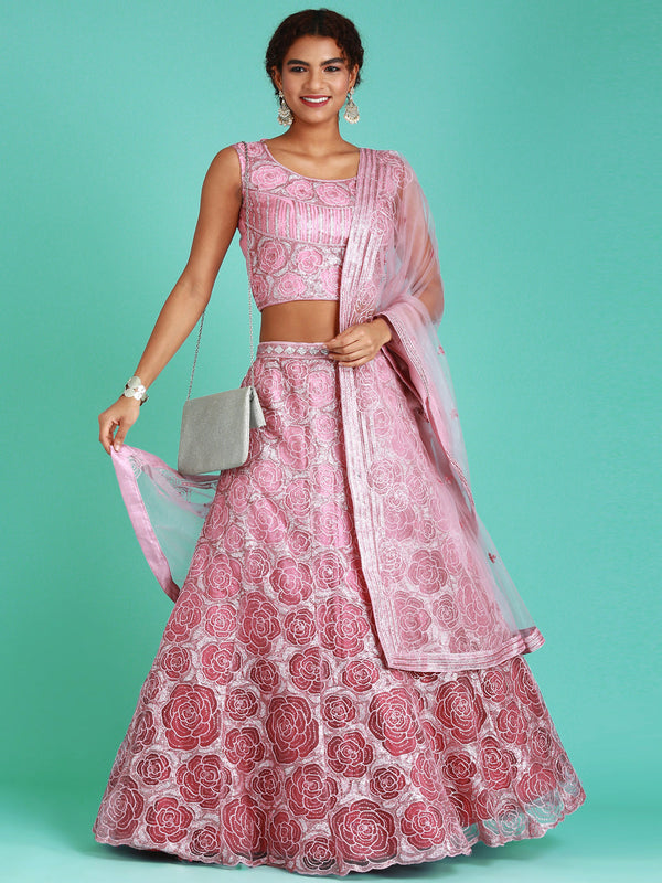 Women's Pink Net Gotapatti Work Lehenga & Blouse, Dupatta - Royal Dwells