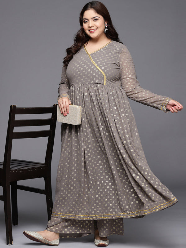 Grey Printed Plus Size Angrakha Kurta with Palazzos