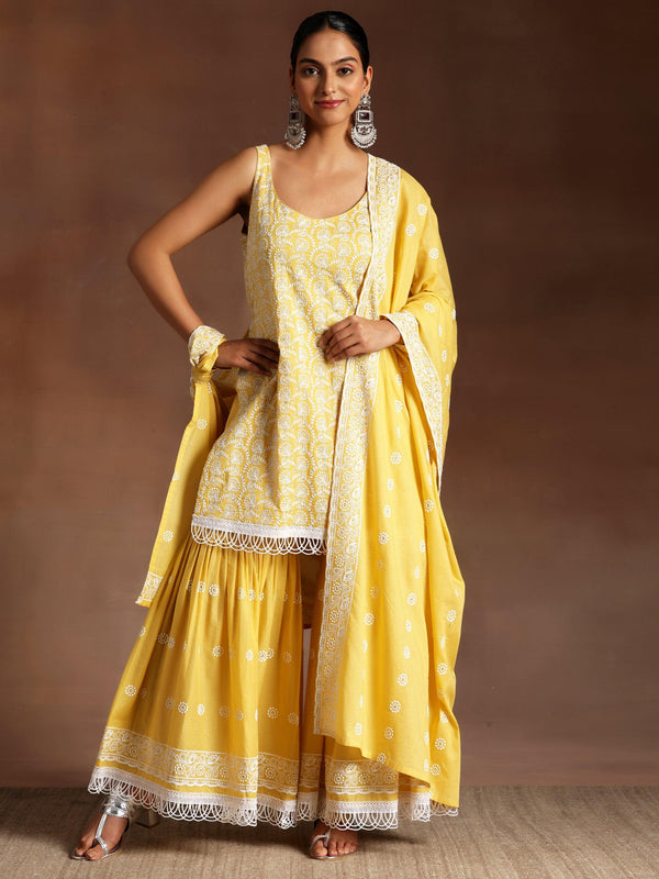 Mustard Embroidered Cotton Straight Suit With Dupatta - Jashvi