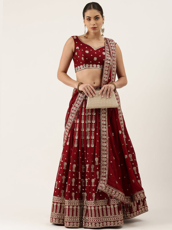 Women's Maroon Pure Georgette Zari & Sequince Work Lehenga & Blouse With Dupatta - Royal Dwells