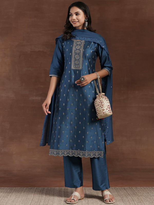 Blue Embroidered Silk Blend Straight Suit With Dupatta - Jashvi