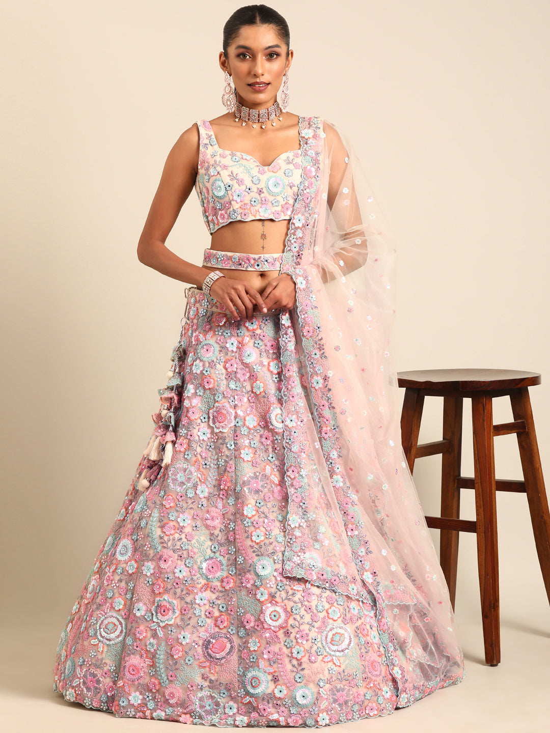 Women's Cream Net Sequins, Mirror And Thread Embroidery  Lehenga Choli & Dupatta - Royal Dwells