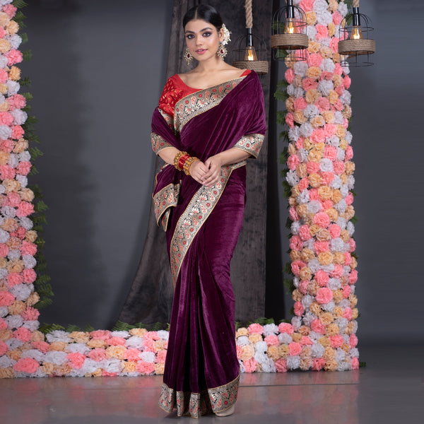 Women's Wine Velvet Saree With Brocade Banarasi Border - Boveee