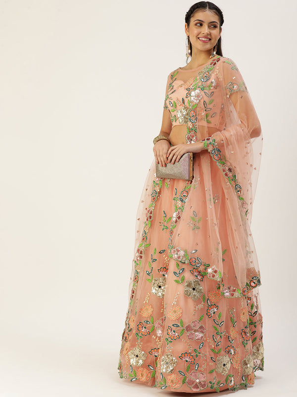 Women's Peach Net Sequince Embroidered Lehenga & Blouse With Dupatta - Royal Dwells