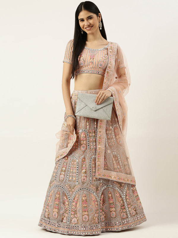 Women's Peach Net Mirror Work Lehenga & Blouse, Dupatta - Royal Dwells