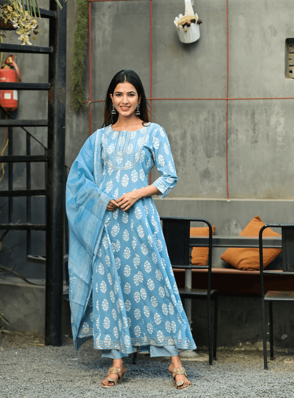 Women's Blue & White Embroidered Handblock Anarkali Kurta With Trousers & Dupatta Set - Yufta