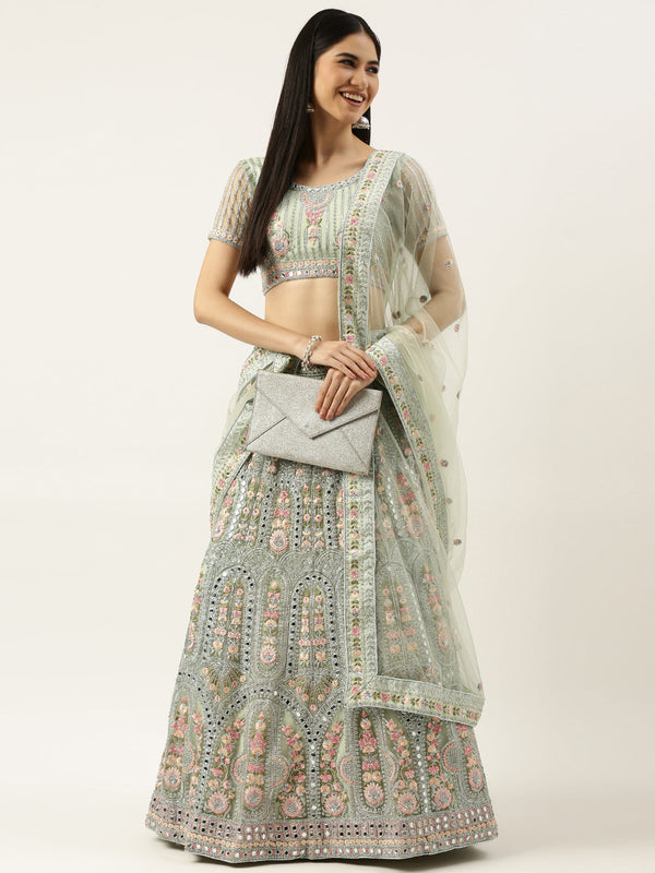 Women's Green - Net Mirror Work Lehenga - Royal Dwells