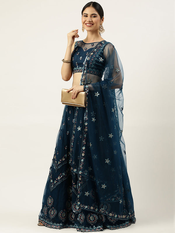 Women's Navy Blue Net Sequince Work Lehenga & Blouse, Dupatta - Royal Dwells