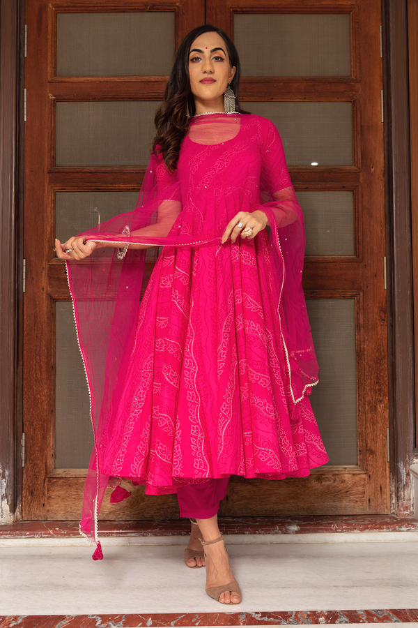 Women's Pink Anarkali suit set with Pants & Dupatta (3pcs set) - Pomcha Jaipur USA