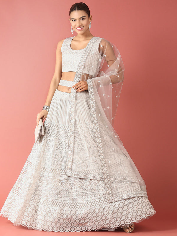 Women's Grey Net Sequinse Work Fully-Stitched Lehenga & Stitched Blouse, Dupatta - Royal Dwells