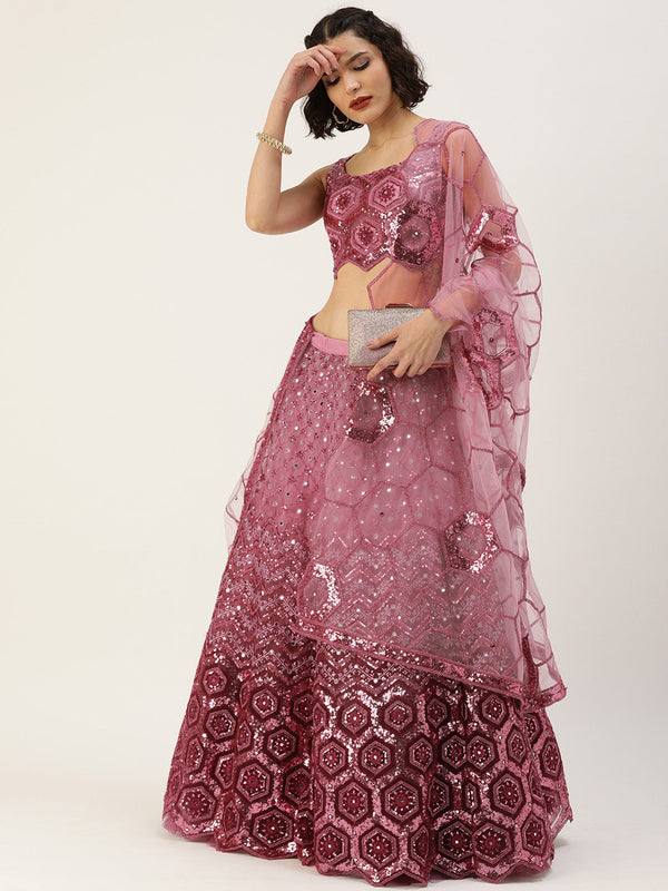 Women's Burgundy Shading Net Sequince Embroidered Lehenga & Blouse With Dupatta - Royal Dwells