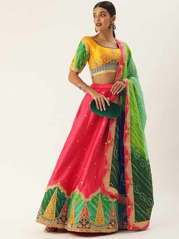 Women's Pink Satin Silk Thread Work Lehenga & Blouse With Dupatta - Royal Dwells